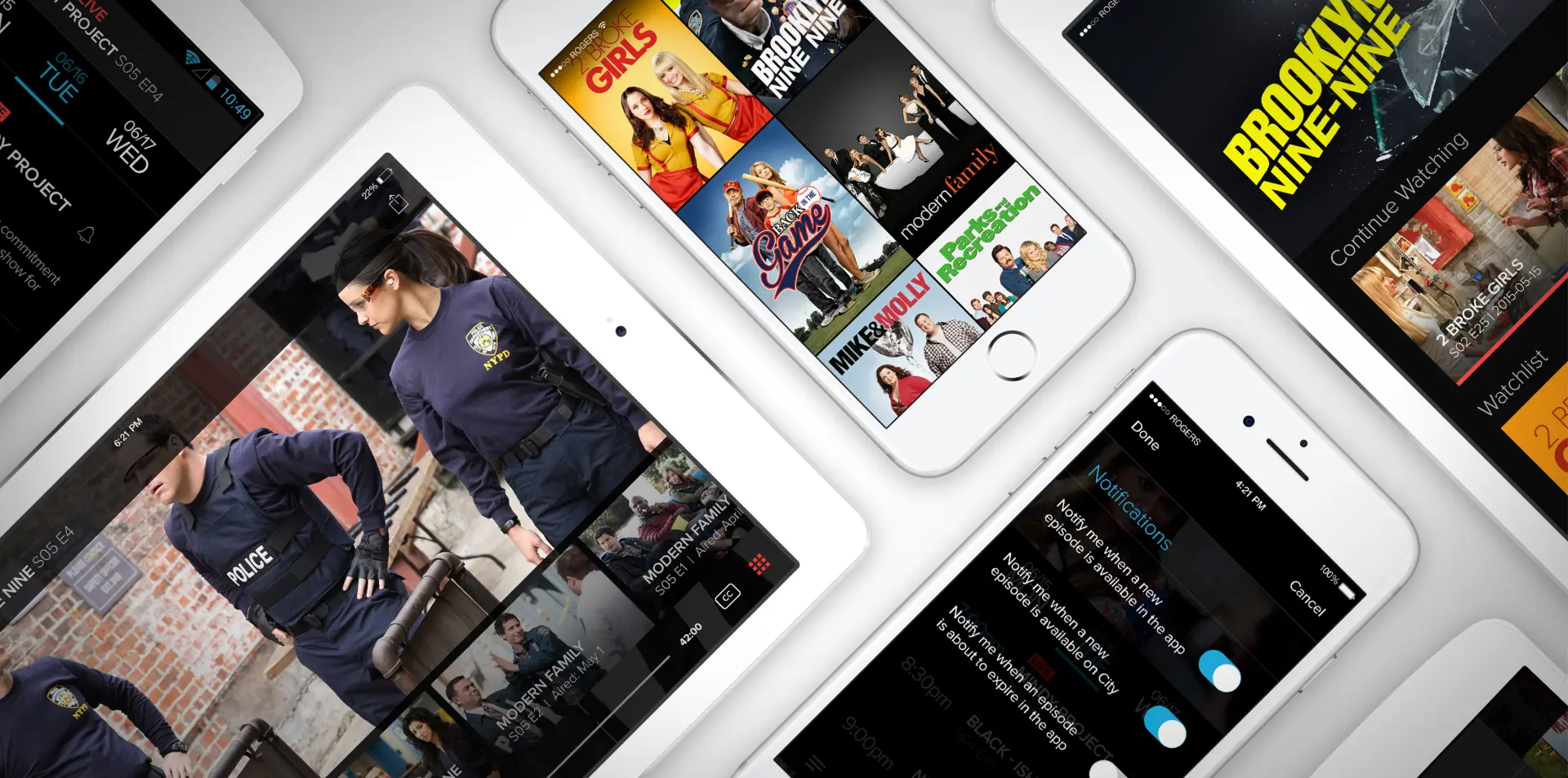 Citytv app shown across iPhone and iPad screens including video player, show grid and notification settings