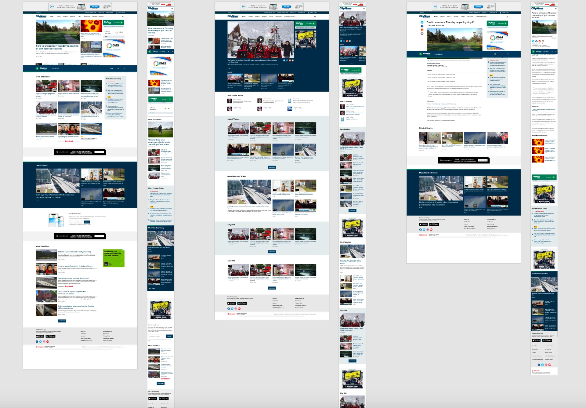 High-fidelity CityNews mockups for home, search and video templates at desktop and mobile widths