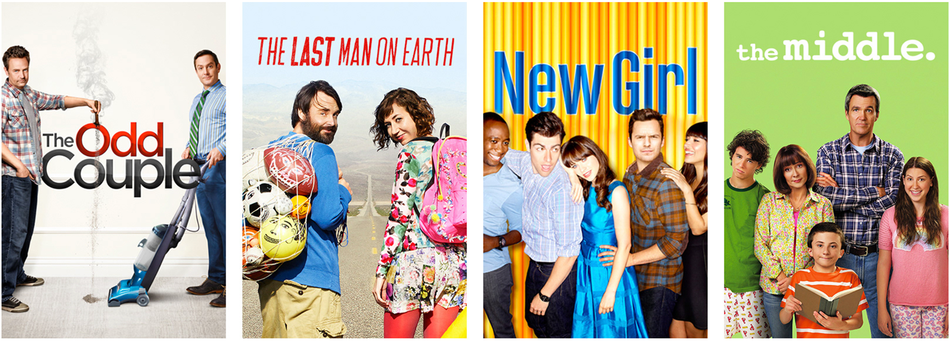 Citytv show artwork tiles for The Odd Couple, The Last Man on Earth, New Girl and The Middle