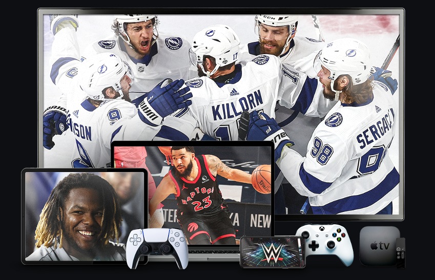 Sportsnet Now running across a TV, tablet, laptop, phone, game consoles and Apple TV
