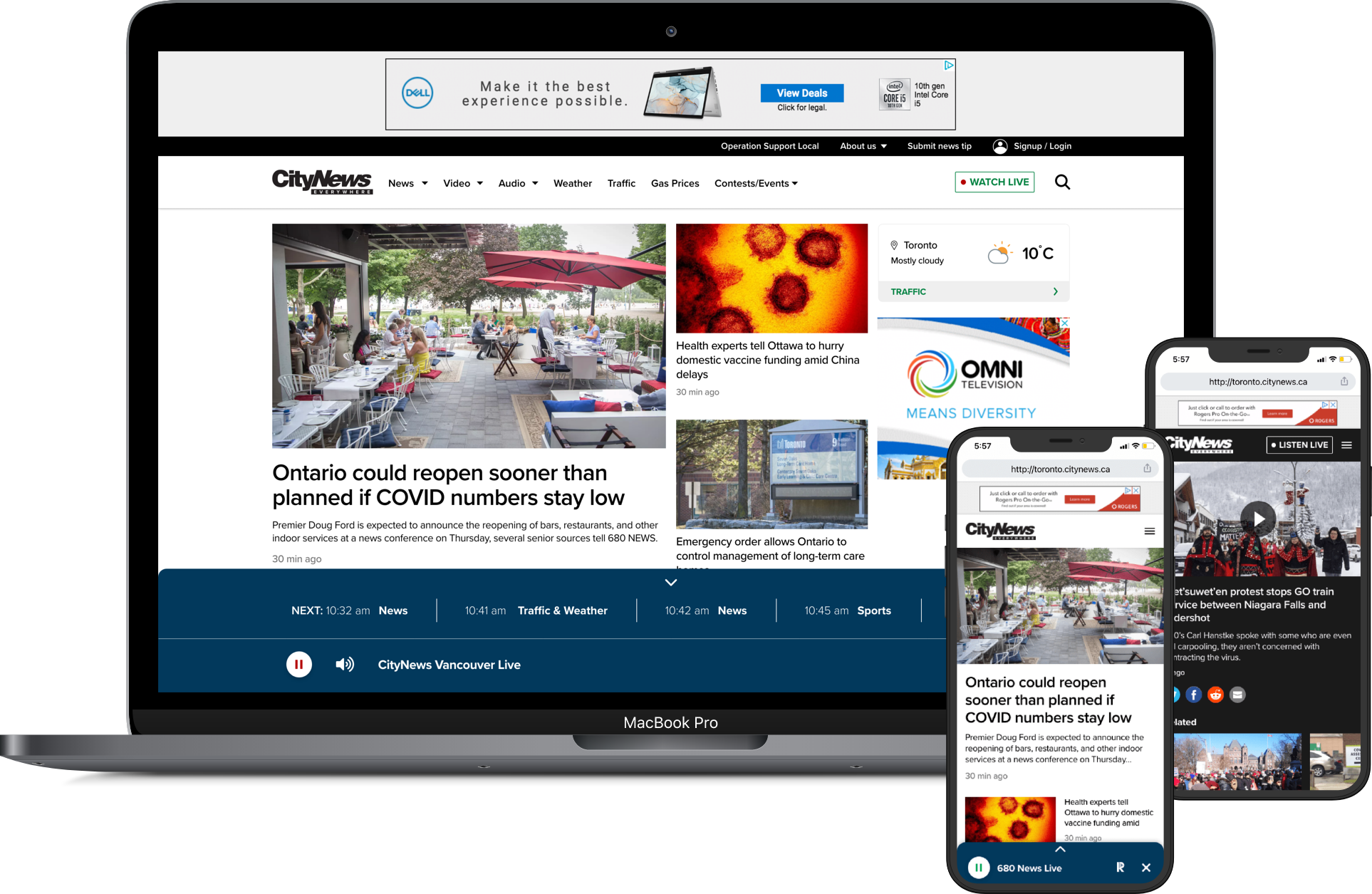 CityNews responsive site shown on a laptop and two phones with live radio player docked