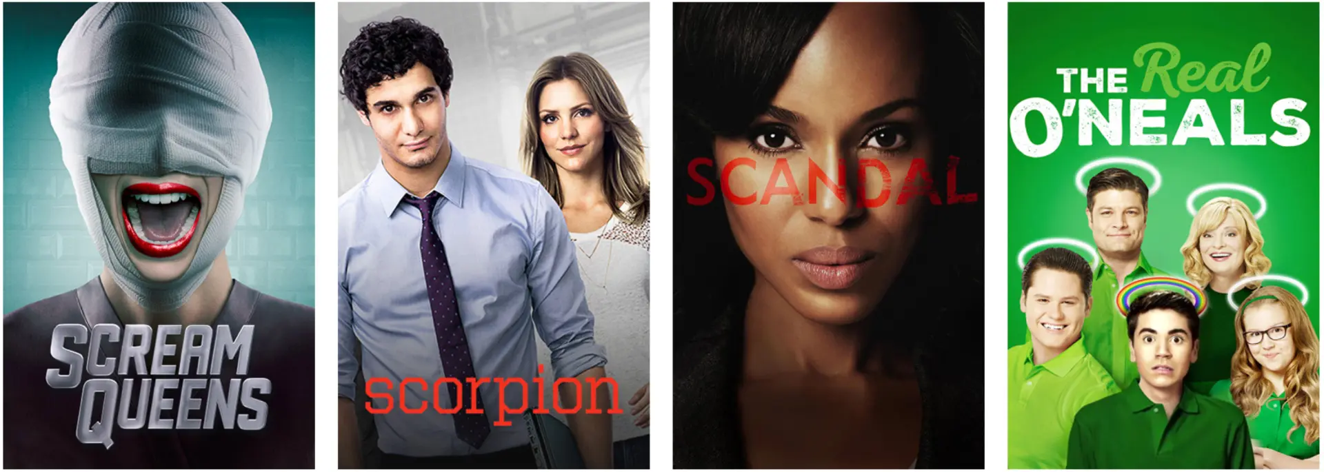 Citytv show artwork tiles for Scream Queens, Scorpion, Scandal and The Real O'Neals