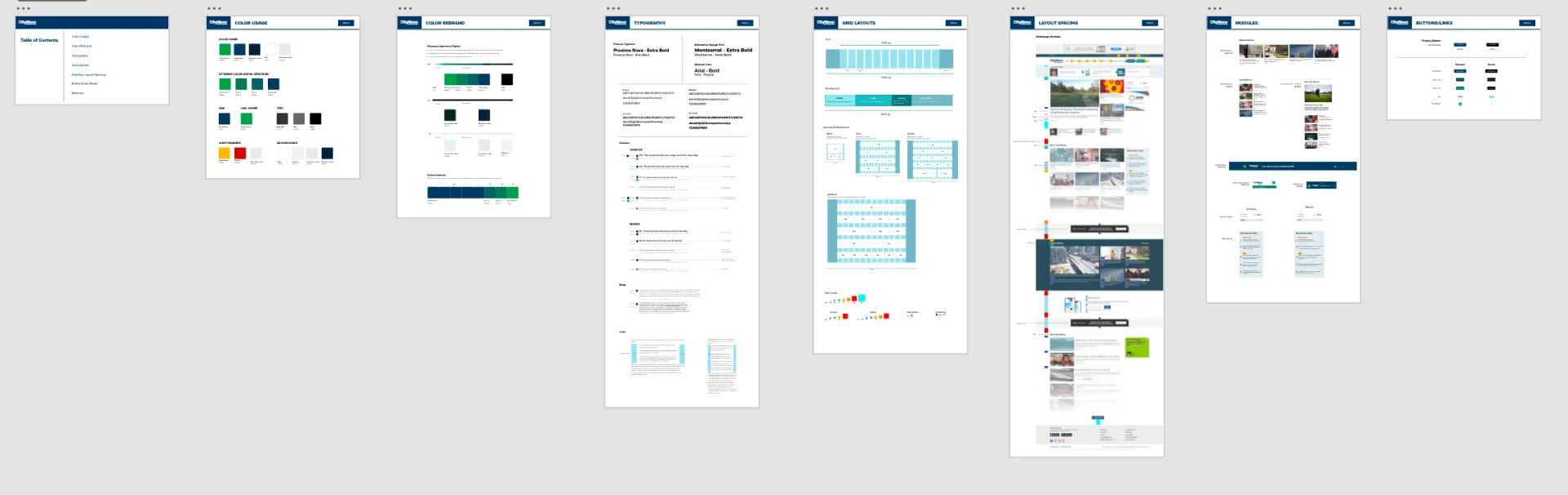 CityNews digital style guide pages covering colour usage, typography, grid layouts, spacing, modules and buttons