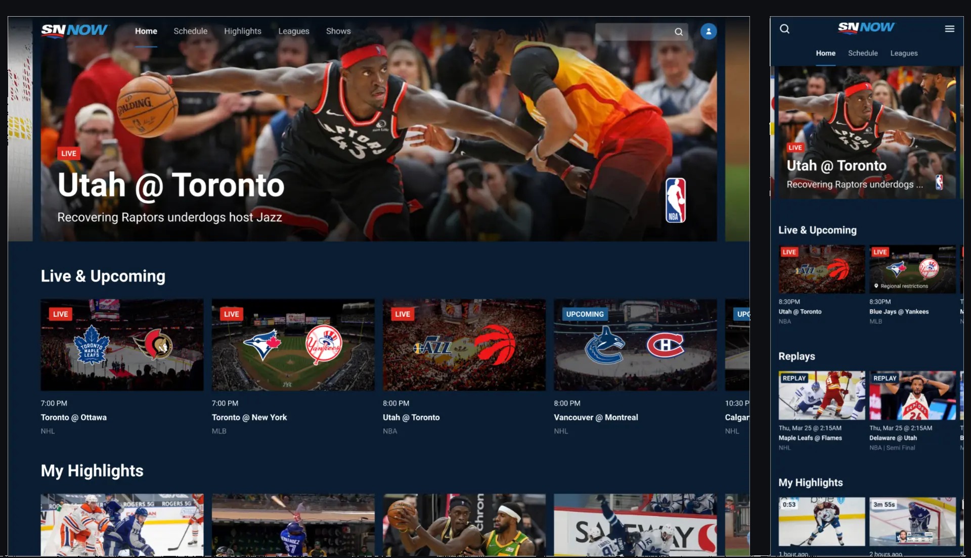 Sportsnet Now web and mobile mockups showing a live NBA hero, Live and Upcoming rail, replays and My Highlights