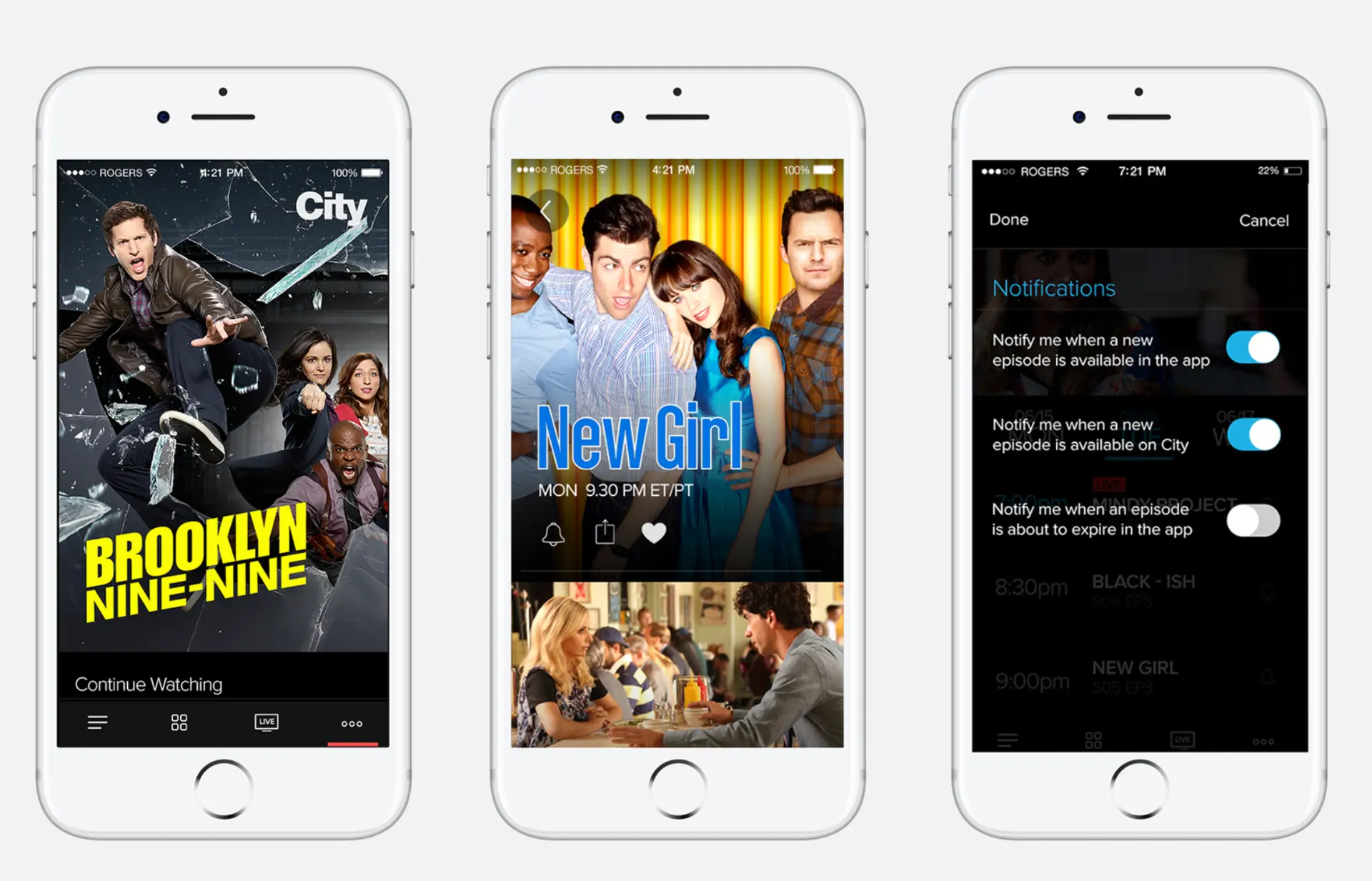 Three Citytv app screens: Brooklyn Nine-Nine continue watching, New Girl show page, notification settings