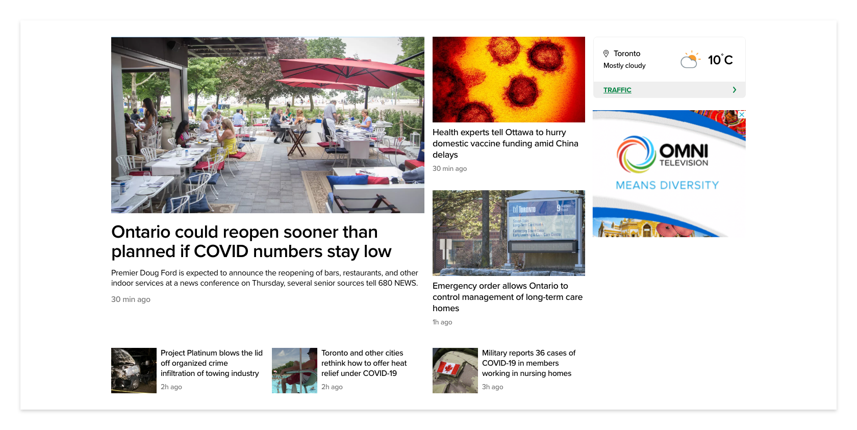 CityNews homepage hero module with lead story, secondary stories, weather and traffic card